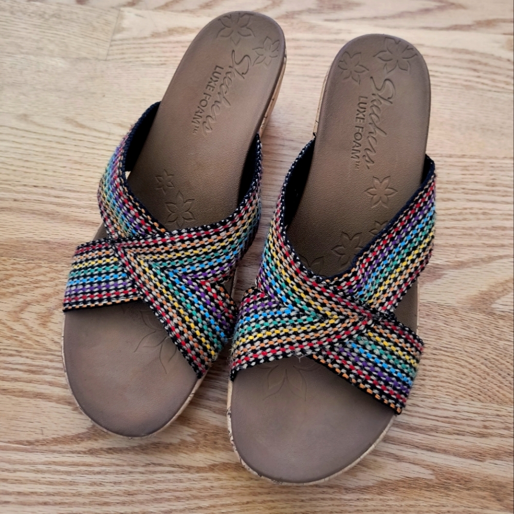 Skechers Beverlee Delighted black multiple color wedge sandals size women's 11